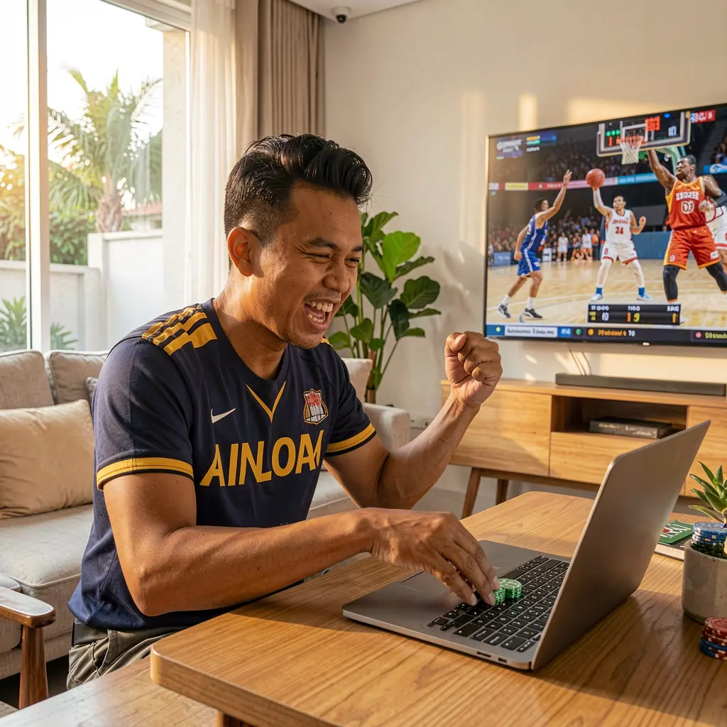 Passionate Filipino sports bettor celebrating a winning moment while placing live basketball bets on a laptop with PALDOCROWN at home