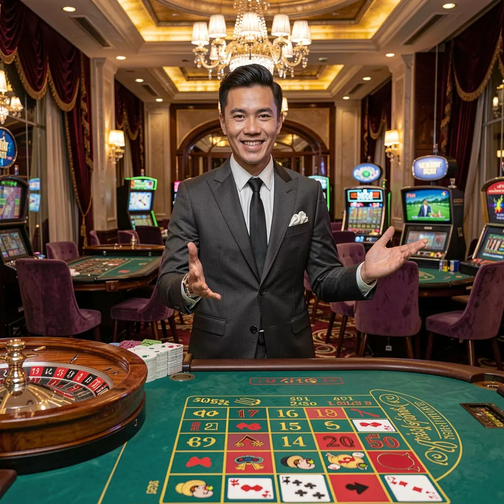 Confident casino host welcoming players at a roulette table inside the premium PALDOCROWN casino environment designed for players in the Philippines