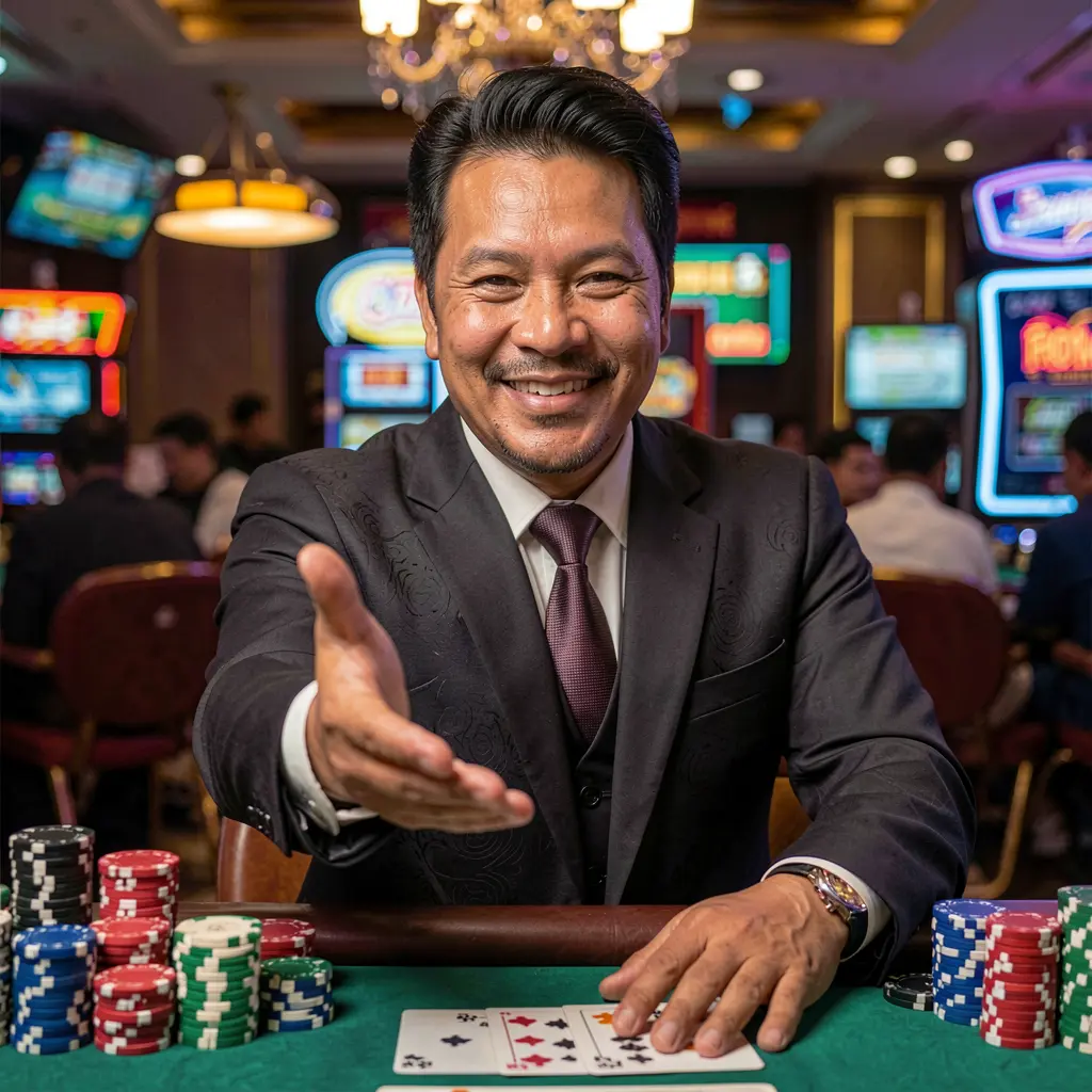Smiling casino dealer reaching out with flying chips around him representing trustworthy online gaming on PALDOCROWN for players in the Philippines