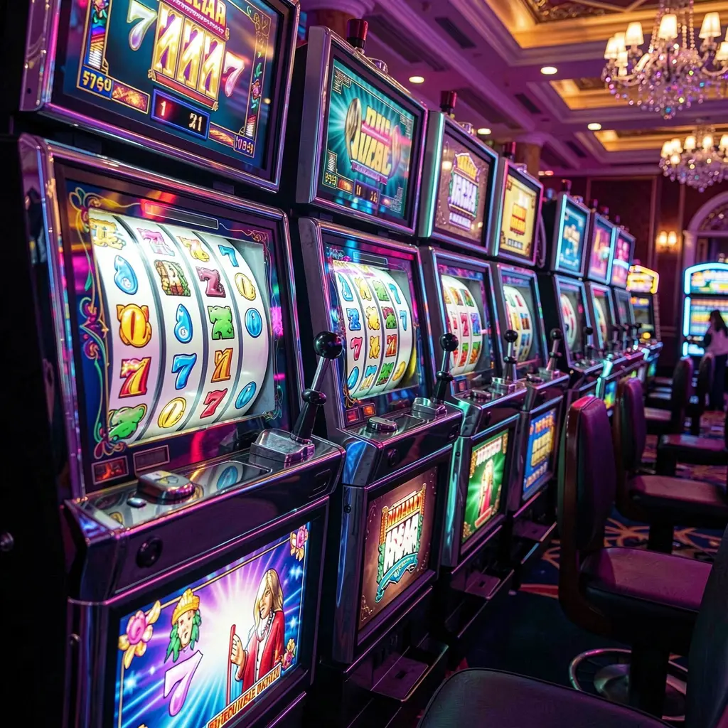 Close up view of modern slot machines with bright symbols and smooth reels inside a vibrant casino atmosphere highlighting the premium PALDOCROWN slots experience in the Philippines
